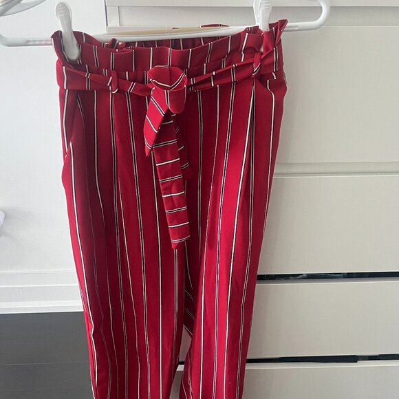 Stylish Red Striped Paperbag Waist Pants - Picture 1 of 7